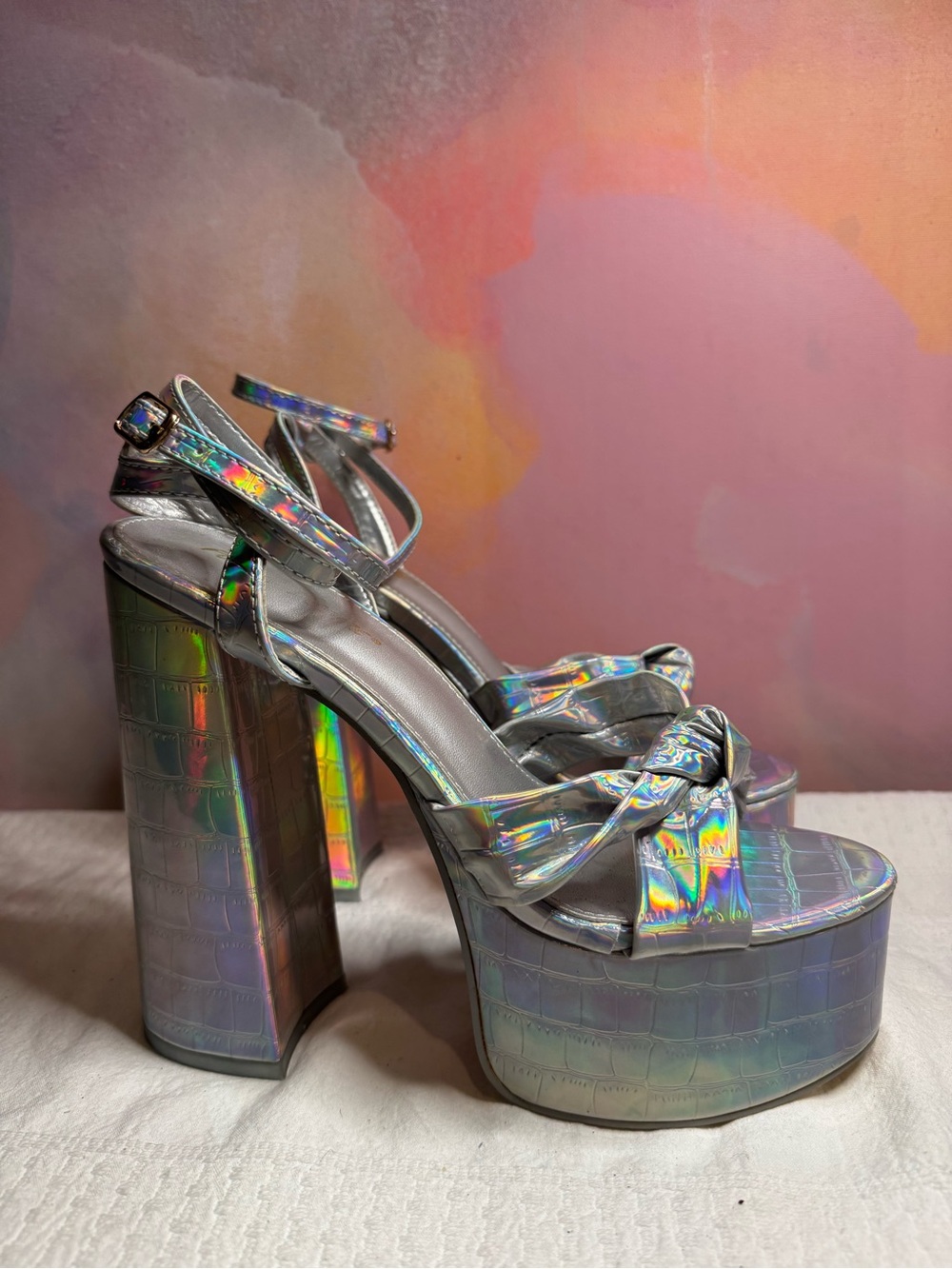 Public Desire Exclusive Leo Platform Ankle-Strap Heels - Holographic Silver - Picture 3 of 6